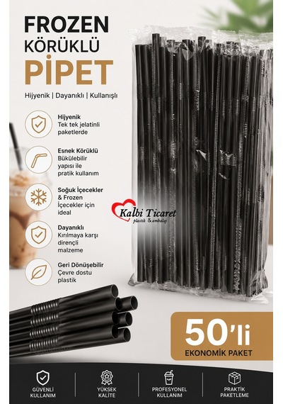 Siyah Pipet 50'li Paket Frozen Körüklü Pipet Jelatinli Pipet