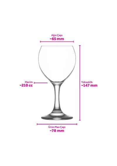 Lav Misket Cam Kırmızı Şarap Kadehi 6'lı 210 ml Ayaklı (Meşrubat Bardağı)
