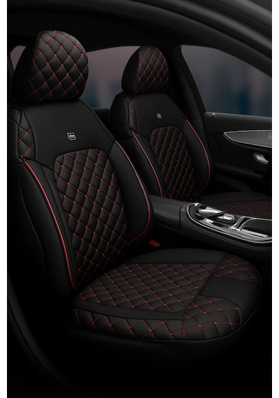 Audi A-5 Quattro 2015 - 2019 - Monaco Eviza Kumaş Deri Detaylı Oto Koltuk Kılıfı - Siyah Kırmızı Siyah Kırmızı