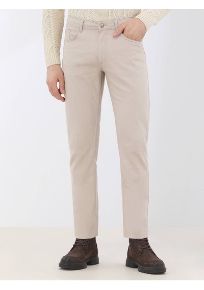 Kip Bej Düz Dokuma Slim Fit Casual Pamuk Karışımlı Pantolon Bej