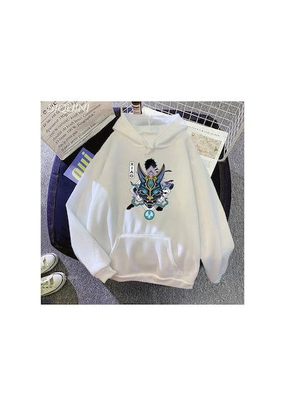 Tarzsokak Unisex Genshin Impact, Kapşonlu Model107 12413 Beyaz
