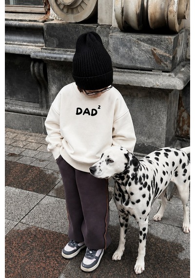Monila Unisex Çocuk Baba Baskılı 3 İplik Kumaş Pamuklu Sweatshirt Ekru/siyah