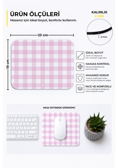 Pembe Ekose Pötikare Desenli Ergonomik Mouse Pad Kaymaz Taban Ev Ve Ofis Kullanımı Mousepad