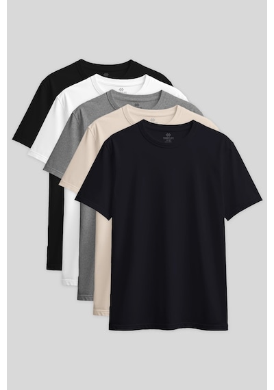 Standart Fit Basic O Yaka 5li Paket Kadın T-shirt - 97311 Siyah-beyaz-lacivert-bej-gb Melanj