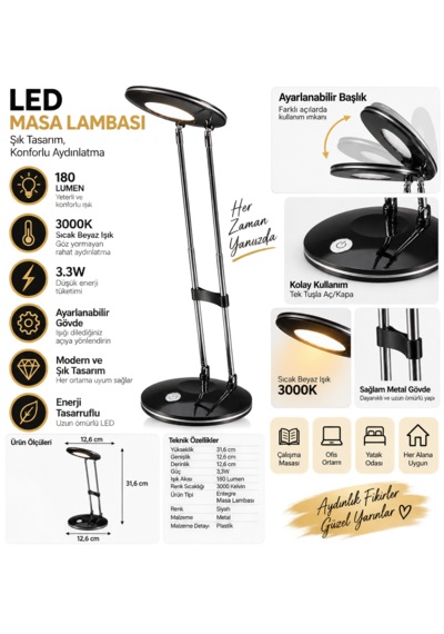 Led Masa Lambası 3.3w 180 Lumen 3000k Sıcak Siyah Ayarlanabilir Başlıklı Çalışma Ve Ders Lambası