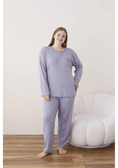 Lukitus İnterlok Pamuk Battal Büyük Beden Kadın Pijama Takımı İntbbm Mor