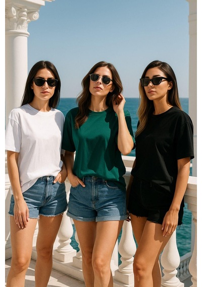 Kadın 3'lü Paket Yeşil-beyaz-siyah %100 Pamuk Oversize Basic Tişört Bisiklet Yaka Relaxed T-shirt Çok Renkli