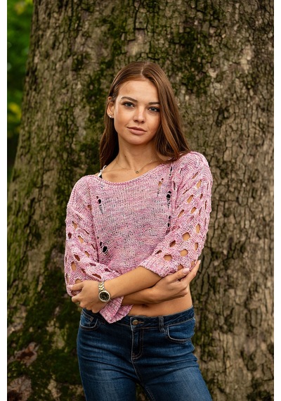 Verdeblanco Yırtık Detaylı Örme Crop Top Toz Pembe