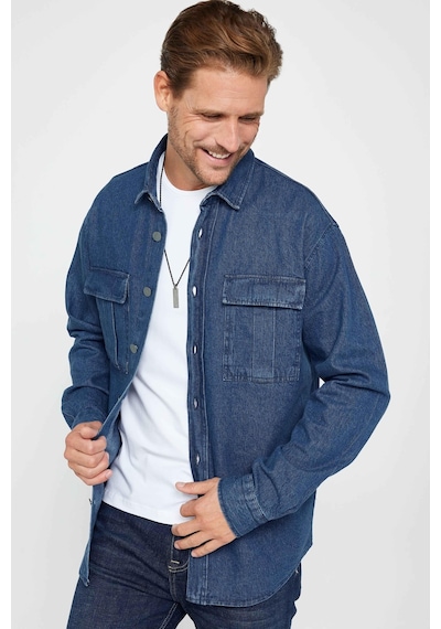 Tudors Relax Fit Uzun Kollu Rahat Kesim Çift Cepli Metal Düğmeli Denim Erkek Gömlek-31321-lacivert Lacivert