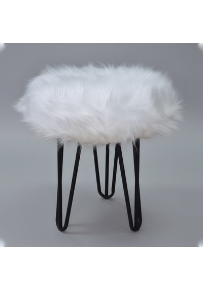 Beyaz Peluş Puf Tabure, Siyah Renk Metal Ayaklı Yumuşak Oturma Pufu 38x37 Cm - Yatak Odası, Salon Pufu Beyaz