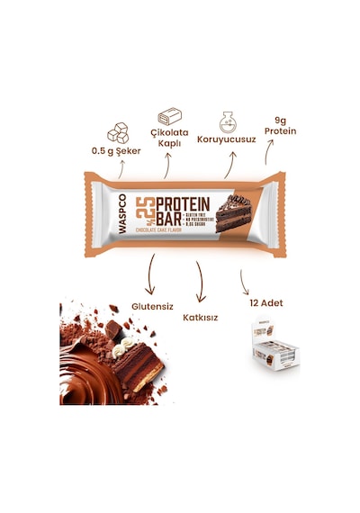 Waspco Bitter Çikolata Kaplı Çikolatalı Kek Aromalı Protein Bar 36G x 12 Adet Waspco Bitter Çikolata Kaplı Çikolatalı Kek Aromalı Protein Bar 36G x 12 Adet