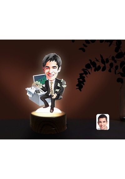 Kişiye Özel Erkek Bankacı Karikatürlü Dekoratif 3D Biblo Led Işık