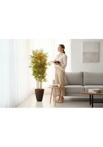 Yapay Bambu Ağaç 150 Cm 6 Dallı Yogun Yaprak Lilyum Siyah Saksı Yeşil