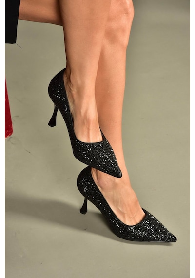 Fox Shoes V820772109 Siyah İnci İşlemeleri İnce Topuklu Abiye Ayakkabı Siyah