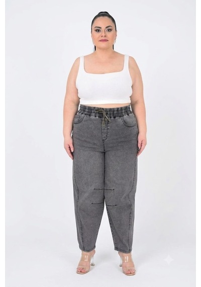 Büyük Beden Beli Lastikli Cepli Likralı Denim Mom Kesim Kadın Pantolon Siyah
