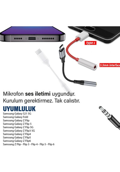Samsung Uyumlu Zflip 3-4-5-6 3.5mm Çevirici Kulaklık Dönüştürücü Type-c