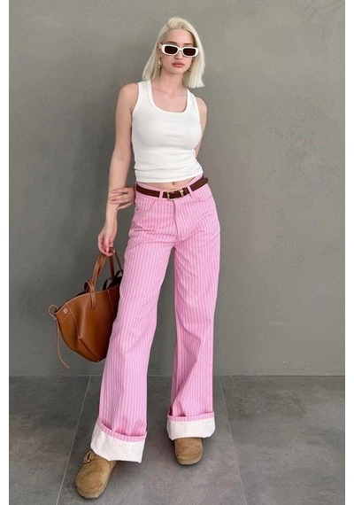 Seeh Pembe Çizgili Kadın Jean Pantolon Sh315