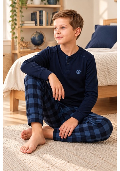 Tarık İnterlok Kumaş Kareli Gez Boy Erkek Pijama Takım 11-16 Yaş -ta4471470 - Lacivert