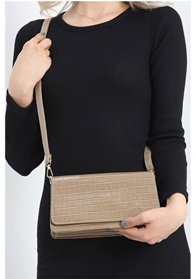 Lovelystore Kroko Desenli 3 Gözlü Günlük Kadın Mini El & Omuz Çantası 24x12 VİZON