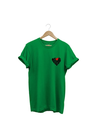 Love Yourself Kalp Tipografi Baskılı %100 Pamuk Unisex Regular Fit T-shirt Yeşil