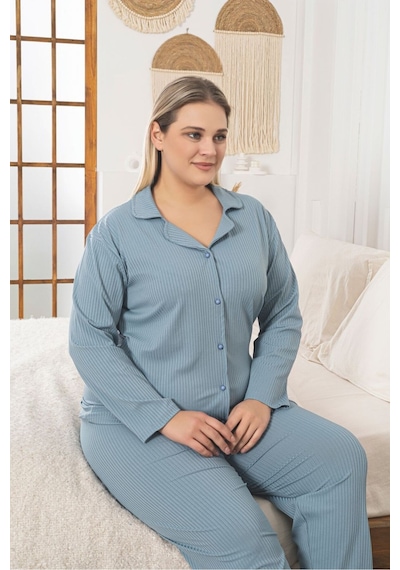 Büyük Beden Boydan Düğmeli Kaşkorse Kumaş Pijama Takımı Mavi