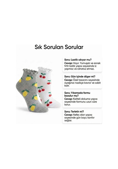 DS Wak Kadın Meyve Desenli Fırfırlı Soket Çorap 6 Lı Set Renkli, Yumuşak Ve Rahat Bilek Çorabı Çok  Renkli