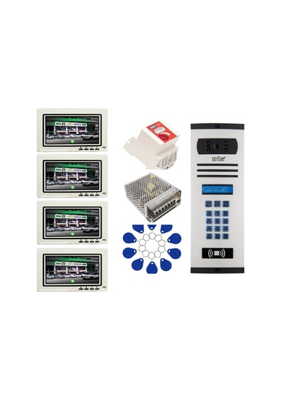 4 Daire Nts 2015-b 7'' Görüntülü Diafon Beyaz-8004 Tuş Takımlı Şifreli+geçişli Zil Panelli Set