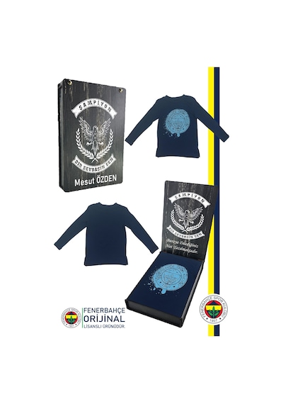 Fenerium Fenerbahçe Lisanslı Yaldızlı Fb Logo Gri Çocuk Sweat Kişiye Özel Ahşap Kutulu Lacivert