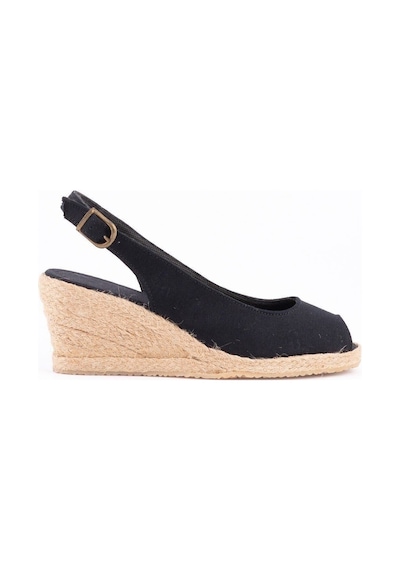 Star Tombis Gerçek Elişi Burnu Açık Arkası Bantlı Dolgu Topuk Siyah Keten Hasır Espadril Handmade Siyah