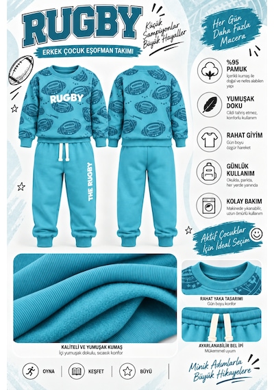 Ahengim Erkek Çocuk Rugby Topu Baskılı Pamuklu Sweatshirt Ve Pantolon Eşofman Takımı Ak119 Turkuaz Ahengim Erkek Çocuk Rugby Topu Baskılı Pamuklu Sweatshirt Ve Pantolon Eşofman Takımı Ak119 Turkuaz