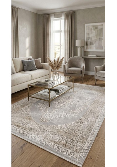 By Özer Halı Gri Renk Gold Bordürlü Klasik Artemis Halı Dior 05860e Salon Halısı Çok Renkli