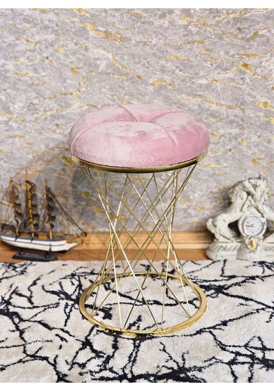 Zafir Yuvarlak Gold Kaplama Pembe Puf Oturak - Bench - Ayak Ucu Oturak - Tabure - Makyaj Oturak Pembe