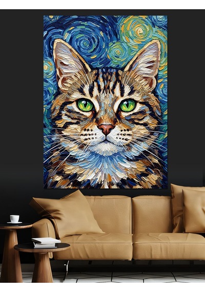 Ahşap Tablo Van Gogh Tarzı Kedi Çocuk Odası Tabloları