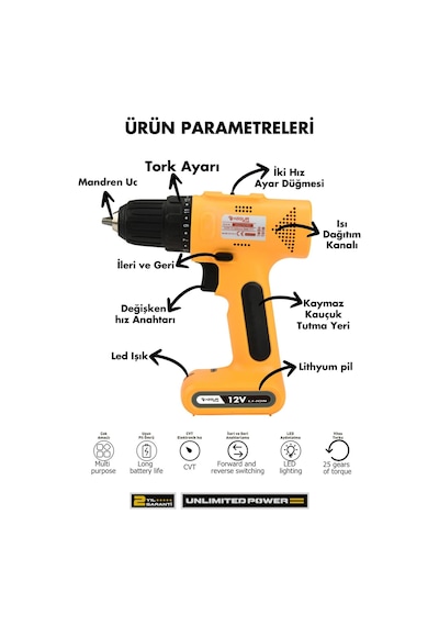 Assur 12V Type - c Usb Şarjlı Akülü Vidalama Dahili Batarya Matkap - 2111