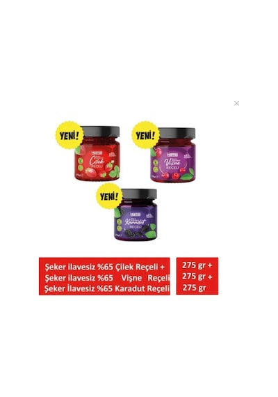 Şeker İlavesiz Çilek Karadut Ve Vişne Reçeli Ekstra Geleneksel 3'lü Set X 275 Gr