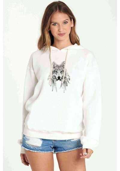 Watercolor Wolf Baskılı Kadın Kapüşonlu Beyaz Sweatshirt (534804231)