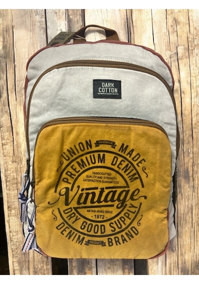 Dark Cotton Kaliteli Vintage Salaş Yıkama Kumaş Disayn Günlük Gezi Okul Sırt Çantası 30cmx40cm Bej - Sarı