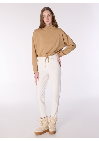 Mustang Bej Kadın Dik Crop Baskılı Sweatshirt M4wl-swt-1006