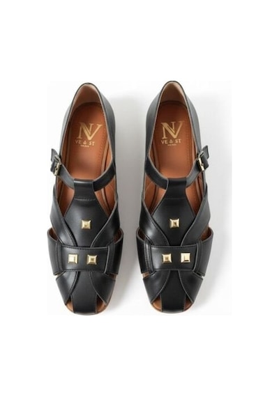 Ne&ve Shoes Siyah Deri Aksesuar Detaylı Tokalı Kadın Sandalet