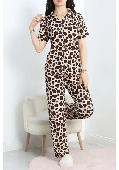 Seka Store Seka Milan Kumaş Düğmeli Pijama Takımı Leopar1 - 750.1287. Çok Renkli