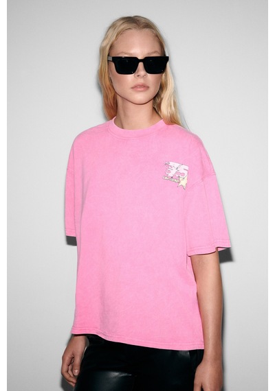 Grımelange Rosy Kadın Yumuşak Ve Esnek Kumaşlı Baskı Detaylı Yıkamalı Pembe T-shirt Pembe
