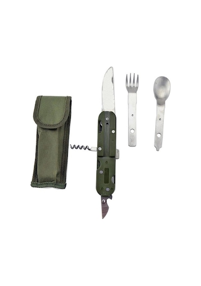 Knivox Çok Fonksiyonlu Paslanmaz Çelik Kamp Çakısı - Çatal Kaşık Açacaklı Outdoor Set Haki