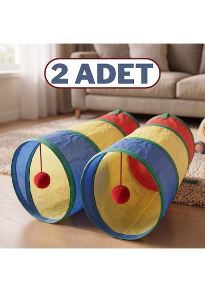 2 Adet Kedi Oyun Tüneli Katlanabilir Ponpon Oyuncaklı Kedi Tüneli Seti 25x50 Cm