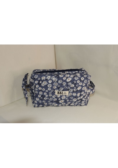 Kapitone Dikişli Denim Papatyalı Makyaj Çantası / Organizer - %100 Pamuk Kumaş Denim - Papatyalı