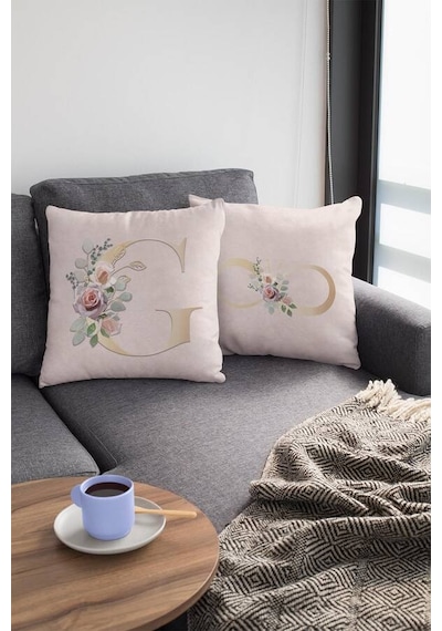 Çift Taraflı Bej G Harfli Yastık Kırlent Kılıfı Krl538n11