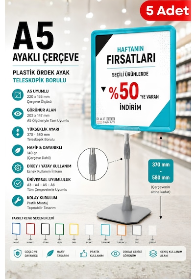 5 Adet - A5 Ayaklı Çerçeve Seti Plastik Ördek Ayak Teleskopik Borulu Fiyat Etiketliği Yönlendirme Levhası Menü Panosu Turkuaz