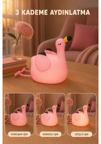 Flapo - Flamingo Figürlü Şarjlı Silikon Gece Lambası 3 Kademe Dokunmatik Usb-c Pembe Pembe