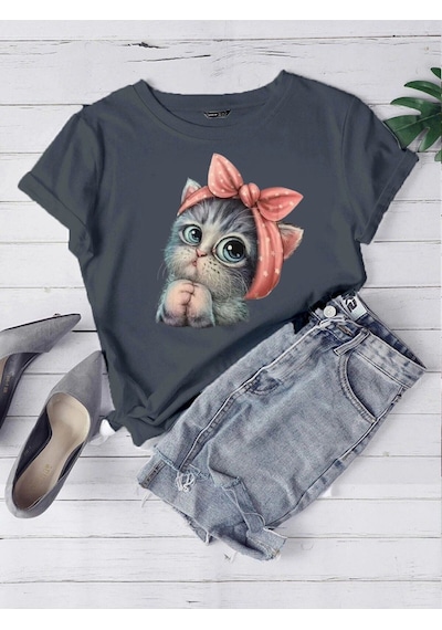 Oversize Füme Sevimli Minik Kedi Baskılı T-shirt Unisex Rahat Kalıp Füme