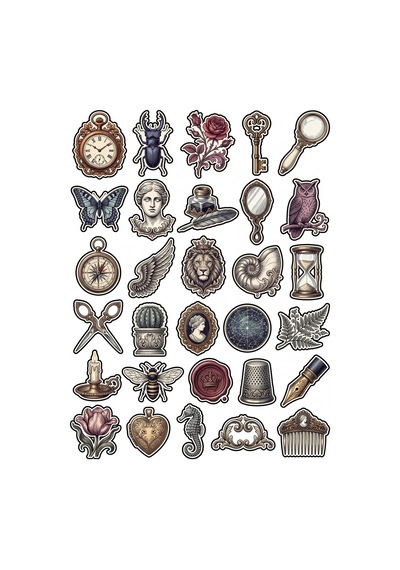 30 Adet Vintage Antika Obje Sticker Seti - Laptop Defter Scrapbook İçin Çok Renkli