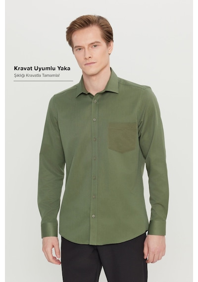 AC&Co / Altınyıldız Classics Erkek Hakı Pamuklu Tailored Slim Fit Dar Kesim Klasik Yaka Armürlü Cepli Gömlek Haki